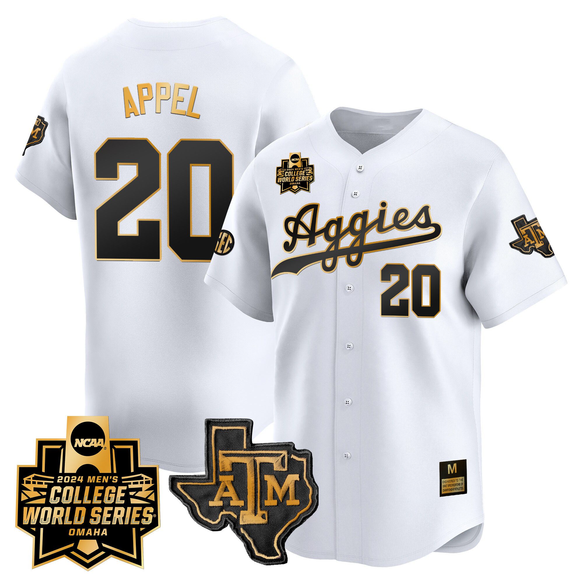Men Texas A&M Aggies #20 Appel White 2024 College World Series Vapor Premier Limited NCAA Jersey style 1